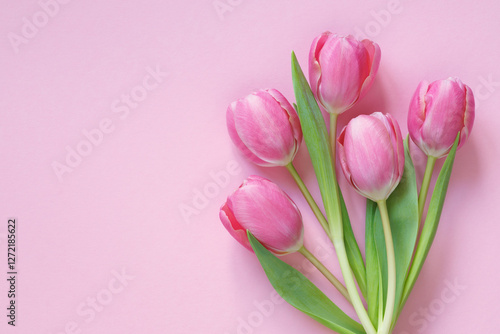 Bouquet of tulips on a pink background. Beautiful holiday card, copy space