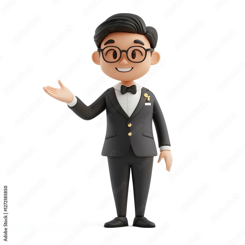 Smiling Cartoon Businessman in Black Suit Gesturing Smiling Cartoon Businessman in Black Suit Gesturing