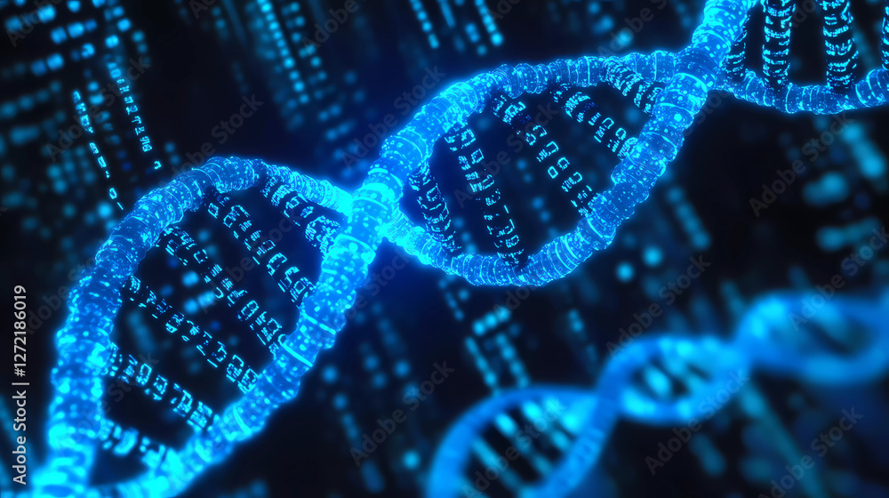 DNA double helix structure glowing in neon blue against a dark background DNA double helix structure glowing in neon blue against a dark background