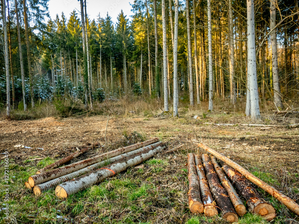 Gefällte und markierte Baumstämme im Wald
