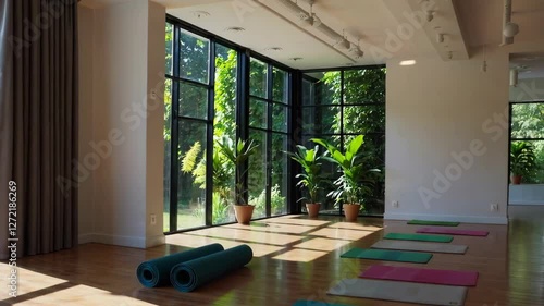 Bright yoga studio with mats and plants near large windows