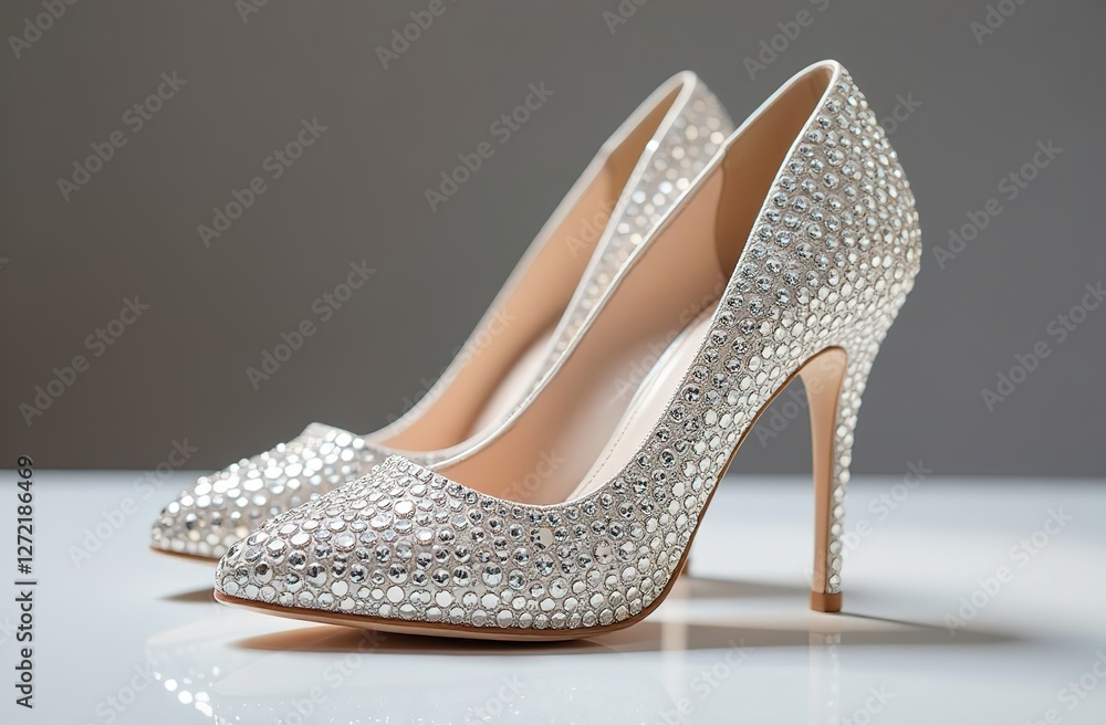 Obraz premium Light high heel shoes with rhinestones. Wedding accessories on a light background.