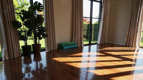 Bright yoga studio with sunlight streaming through large windows