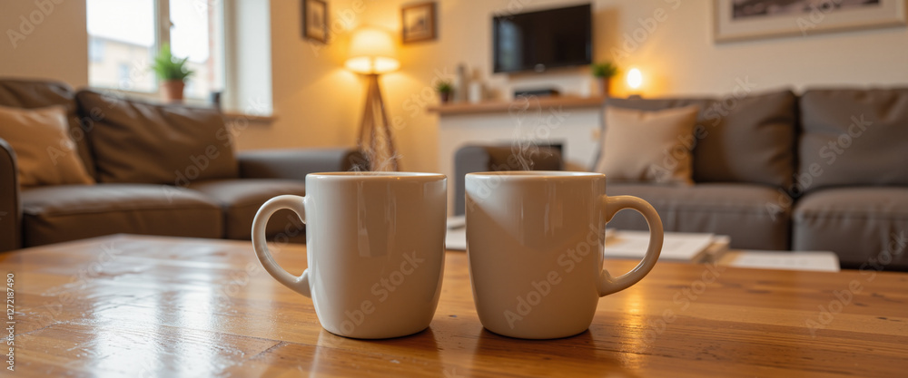Obraz premium Cozy living room scene with two steaming white coffee cups on a wooden table creating a warm and inviting atmosphere for family moments