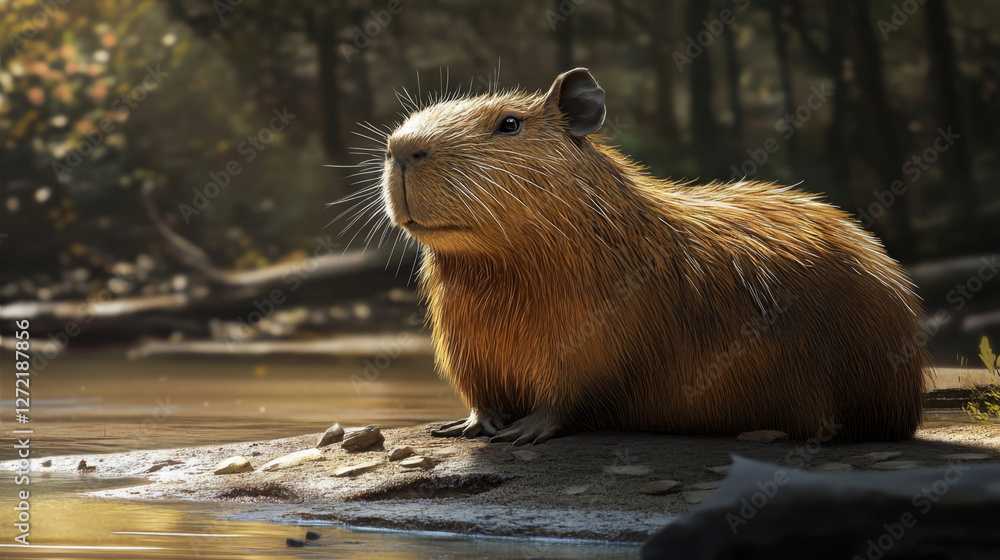 A capybara in its natural habitat, surrounded by lush greenery and water. A peaceful and social animal, symbolizing harmony with nature and wildlife A capybara in its natural habitat, surrounded by lush greenery and water. A peaceful and social animal, symbolizing harmony with nature and wildlife