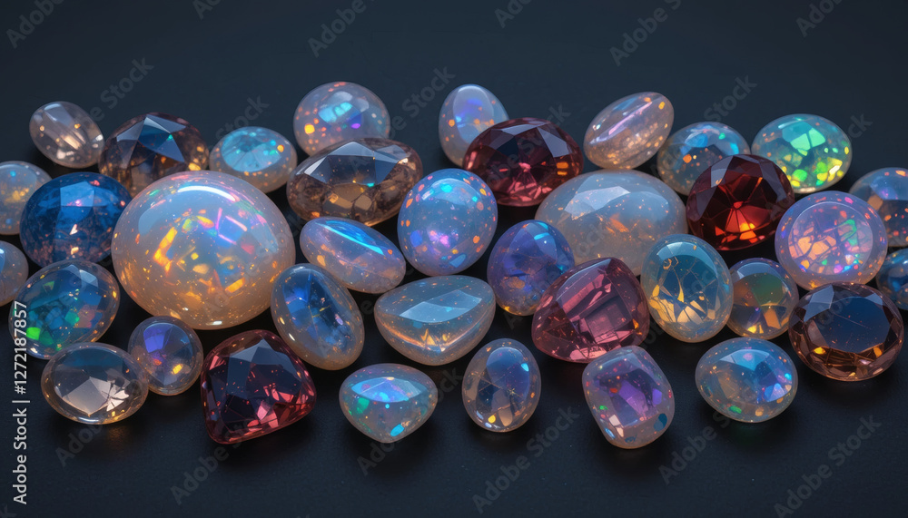 Multi-Colored Gemstones Like Opal, Topaz, and Garnet Shimmering with Light on Matte Black Backdrop Multi-Colored Gemstones Like Opal, Topaz, and Garnet Shimmering with Light on Matte Black Backdrop