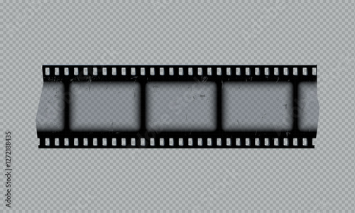 Old photo film strip torn piece vector illustration, vintage black cinematic frame transparent scratched video tape