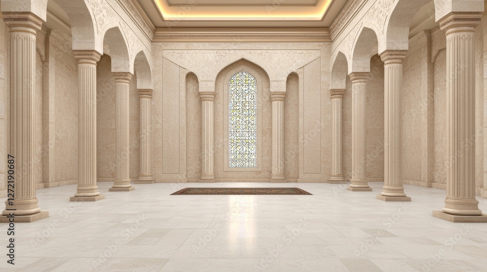 Obraz premium Elegant Marble Courtyard with Stained Glass Window and Classical Columns in Soft Lighting