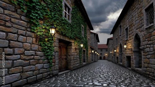 Cobblestone street illuminated by lanterns in charming old town