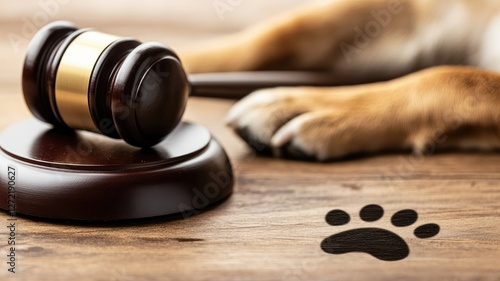 Dog paws beside judge gavel on table, representing animal law and pet rights