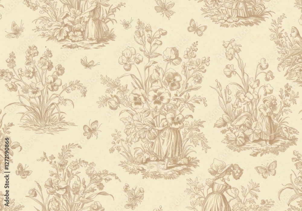 Fototapeta premium A romantic vintage floral Toile De Jouy pattern featuring delicate wildflowers and timeless motifs, ideal for creating an elegant setting.