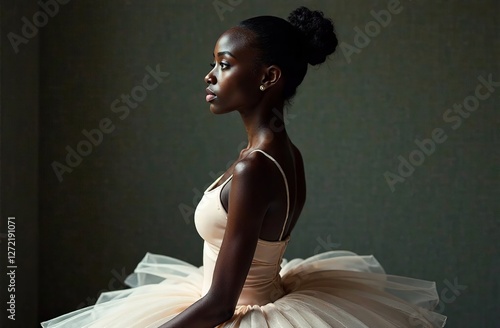 Black woman ballerina in a ballet tutu. Beautiful young Afro-American woman posing gracefully. Elegant girl in a dance studio. Diversity concept