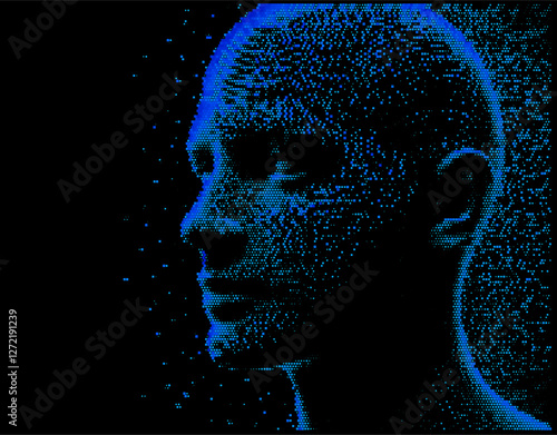 Abstract, pixelated human face on a black background. The scattered dots form a detailed, digital texture, giving the artwork a modern, futuristic feel with a hint of mystery.