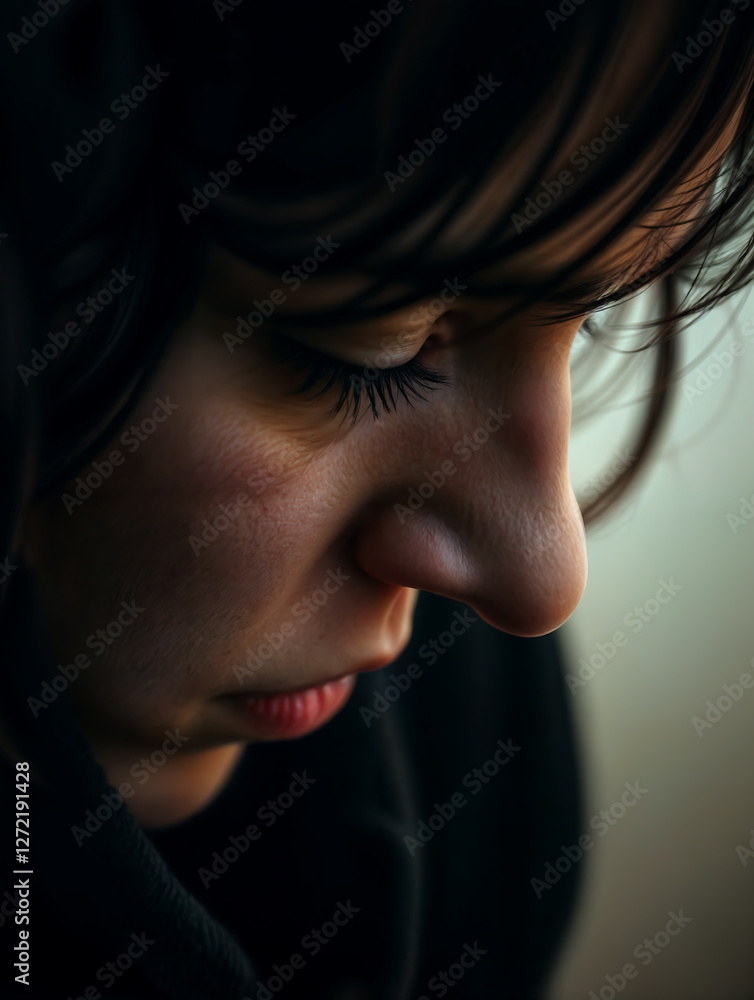 Emotions Depression - Female In Profile Close-Up, Showing Downcast Eyes And Vulnerable Expression Amid Shadows And Light. Emotions Depression - Female In Profile Close-Up, Showing Downcast Eyes And Vulnerable Expression Amid Shadows And Light.