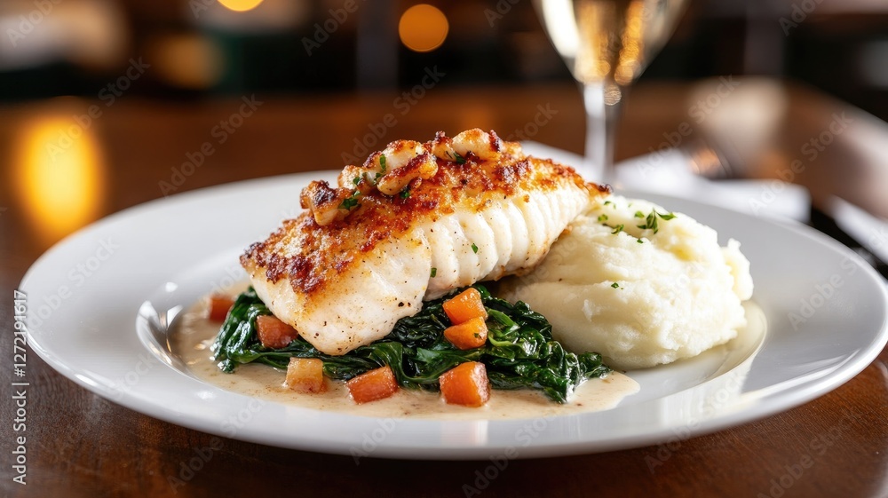 Grilled fish fillet served on spinach with mashed potatoes and gourmet sauce Grilled fish fillet served on spinach with mashed potatoes and gourmet sauce