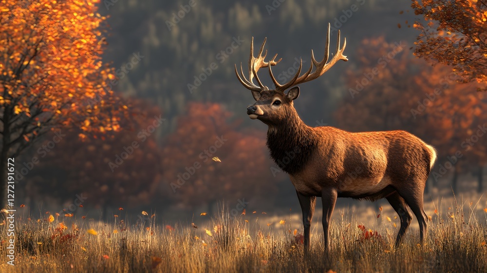 A majestic deer standing in an autumn meadow A majestic deer standing in an autumn meadow