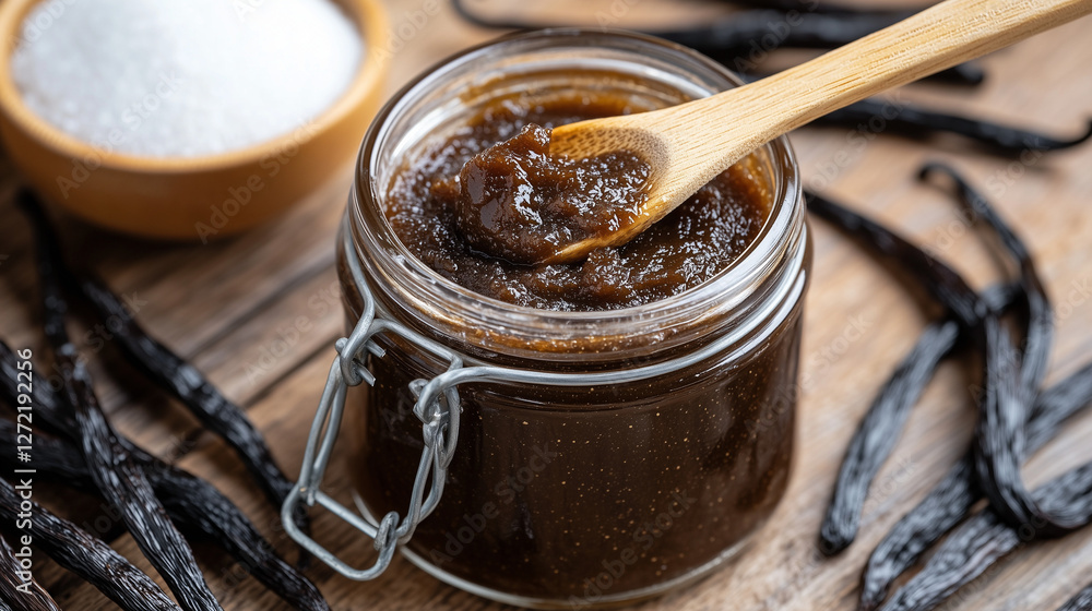 Fototapeta premium Jar of Homemade Vanilla Bean Paste on a Rustic Wooden Countertop