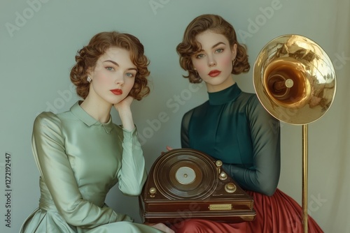 Two elegant women in vintage dresses pose with a gramophone, embodying a classic aesthetic.