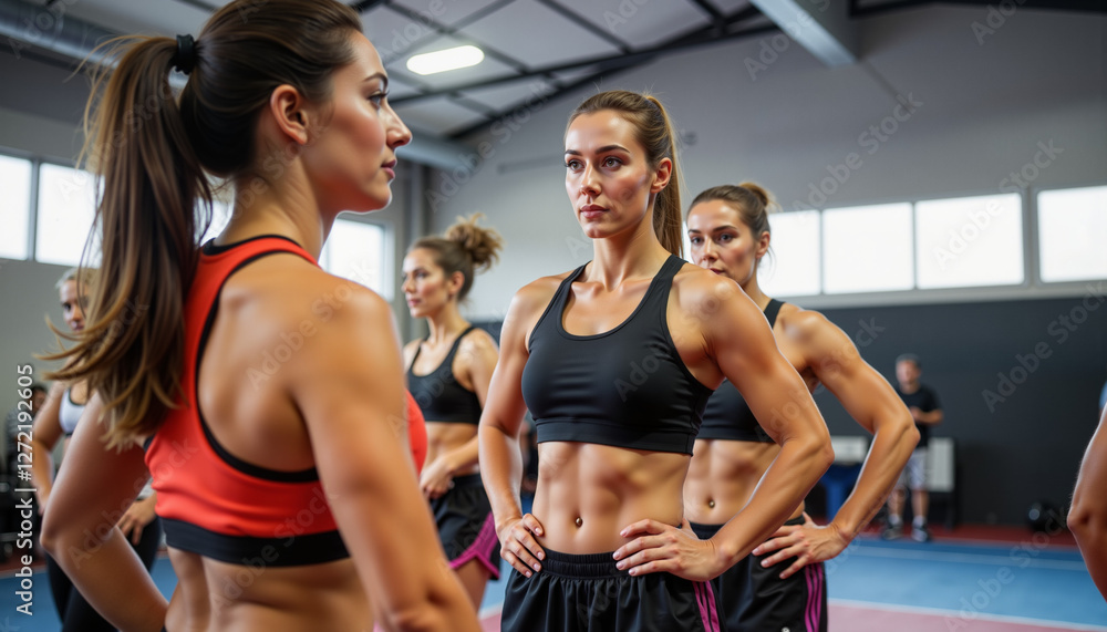 Fototapeta premium Athletic women demonstrating teamwork in gymnasium, strength and unity