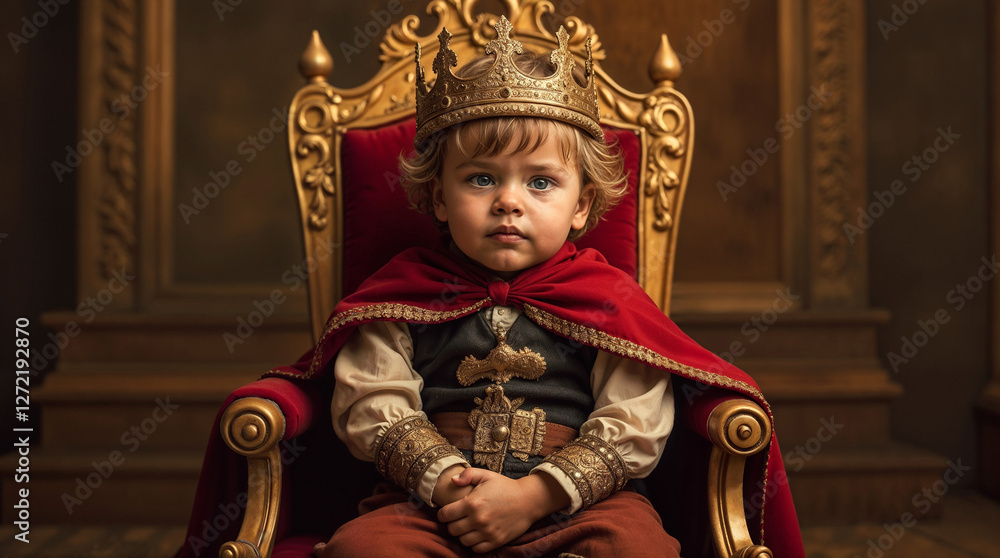 Obraz premium small one year old child with a golden crown on his head in royal clothes with a red royal cloak sits on a golden throne, cinematic light 