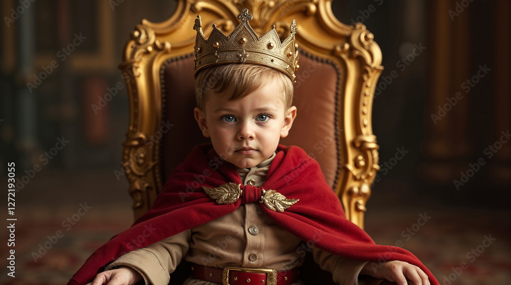Obraz premium small one year old child with a golden crown on his head in royal clothes with a red royal cloak sits on a golden throne, cinematic light 