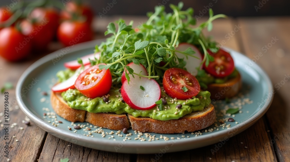 avocado toast topped with sliced radishes, cherry tomatoes, and microgreens, served on a rustic wooden table with a sprinkle of sesame seeds. avocado toast topped with sliced radishes, cherry tomatoes, and microgreens, served on a rustic wooden table with a sprinkle of sesame seeds.