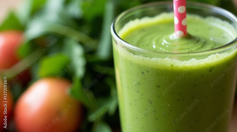 A close-up of a thick green smoothie in a glass, with a colorful straw and a backdrop of leafy greens and fruits A close-up of a thick green smoothie in a glass, with a colorful straw and a backdrop of leafy greens and fruits