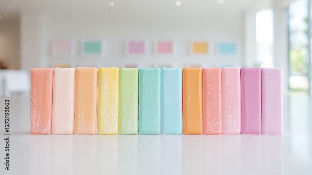 Pastel colored soaps arranged on a table in a gallery Pastel colored soaps arranged on a table in a gallery