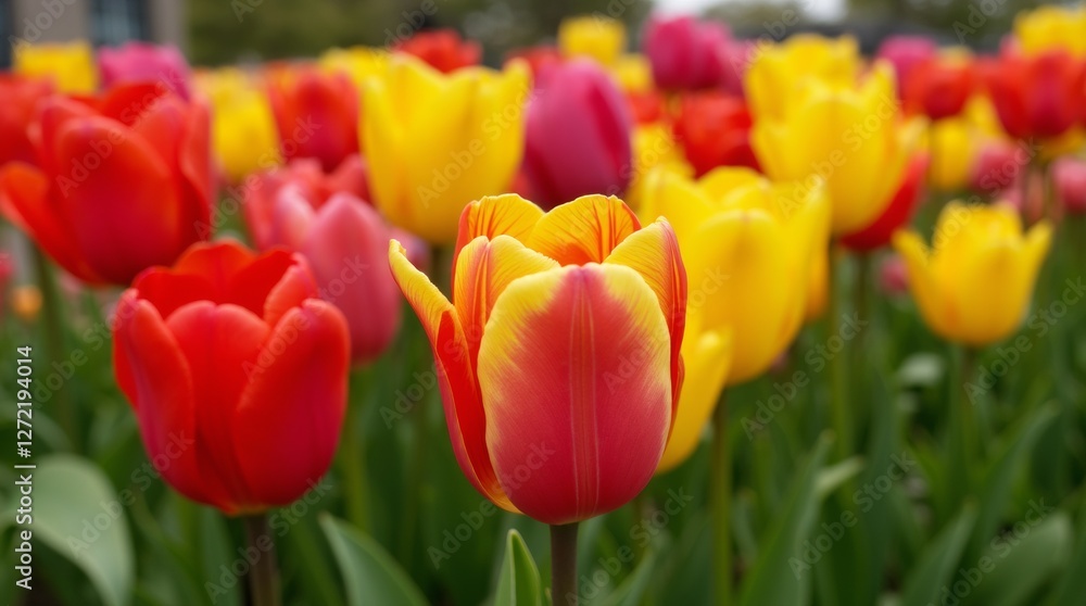 Fototapeta premium A close-up view of a flower bed bursting with tulips in shades of red, yellow, and pink, surrounded by lush green foliage