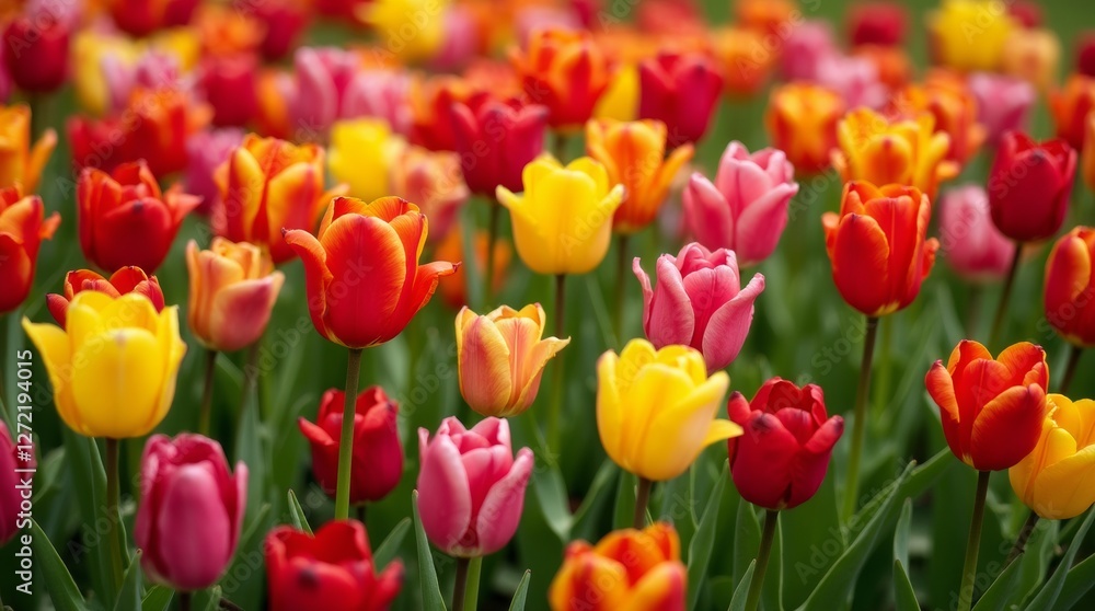 A close-up view of a flower bed bursting with tulips in shades of red, yellow, and pink, surrounded by lush green foliage A close-up view of a flower bed bursting with tulips in shades of red, yellow, and pink, surrounded by lush green foliage