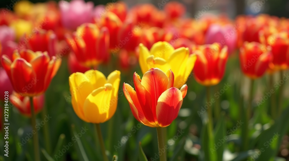 A close-up view of a flower bed bursting with tulips in shades of red, yellow, and pink, surrounded by lush green foliage A close-up view of a flower bed bursting with tulips in shades of red, yellow, and pink, surrounded by lush green foliage