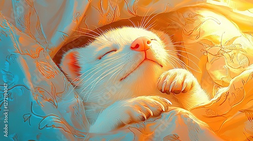   A cat naps on a bed with eyes closed and head resting on a pillow