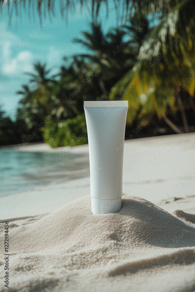 Cosmetics cream tube without labels, tube stays on sand, blurred Maldives beach on background, mockup Cosmetics cream tube without labels, tube stays on sand, blurred Maldives beach on background, mockup