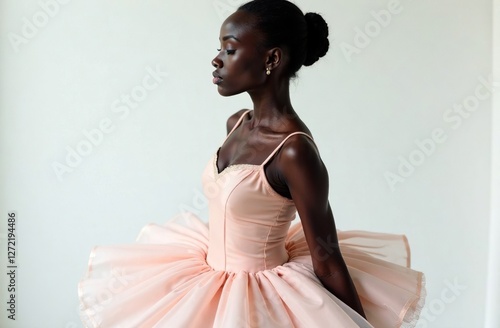 Black woman ballerina in pink ballet tutu. African American Beautiful young girl dancing ballet. Professional dancer. Advertising of a dance master class. Inclusivity and diversity in ballet. concept