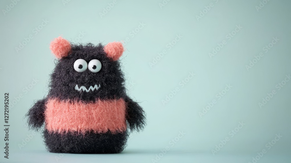 Fototapeta premium Cute Furry Monster Plush Toy with Googly Eyes and Pink Ears Against Mint Background
