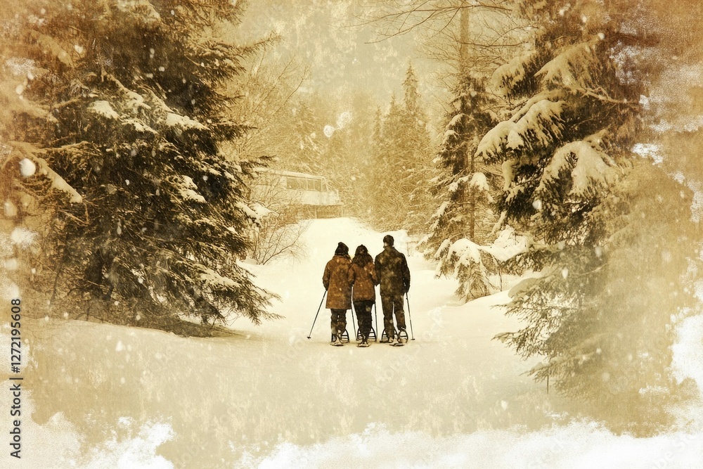 Naklejka premium Three snowshoers trek through a snowy forest path towards a distant cabin on a winter day.