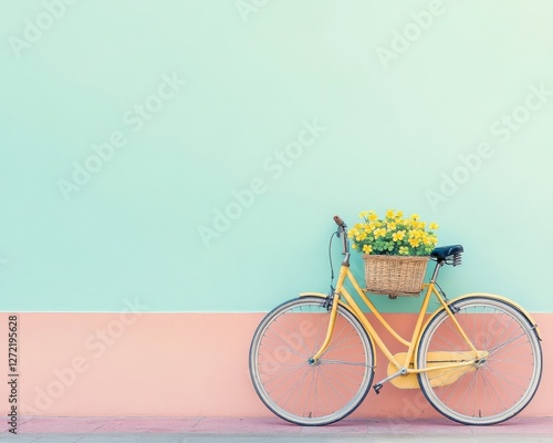 a yellow bicycle leaning against a two-tone wall with a basket of flowers. The scene evokes a sense of simplicity, and the flowers in the basket add a touch of joy to the composition.