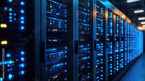 Close-up of illuminated server racks in a high-tech data center, representing cloud computing, networking, and cybersecurity. Ideal for IT, security, and infrastructure themes