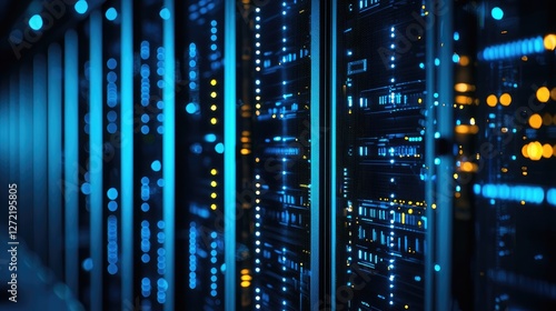 Close-up of illuminated server racks in a data center, highlighting cloud computing, cybersecurity, and network infrastructure. Ideal for IT, security, and technology projects