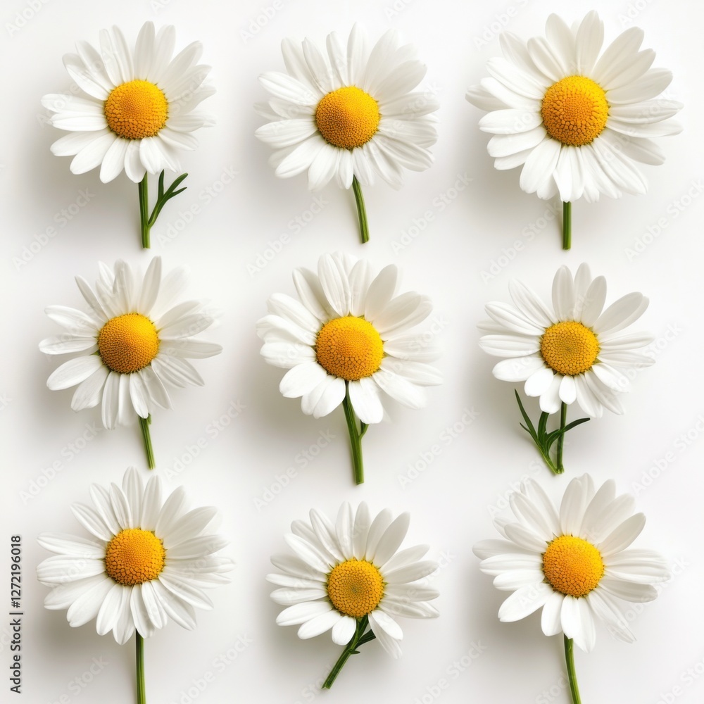 Fototapeta premium Set of fresh white daisies arranged symmetrically on a pure white background, soft natural lighting, delicate petals and vibrant yellow centers, ultra-detailed realism