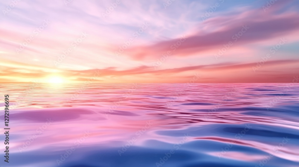 Stunning sunset over calm ocean with pink and purple skies reflected on water Stunning sunset over calm ocean with pink and purple skies reflected on water