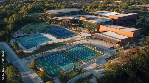 Aerial view of campus recreation center with tennis courts
