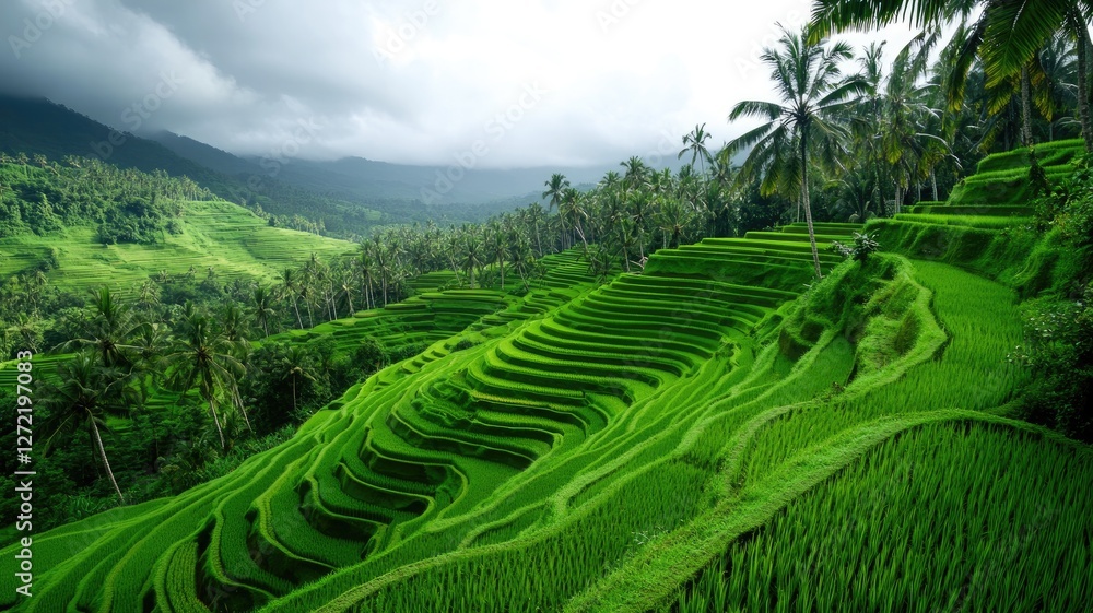 Lush green terraced rice fields in tropical landscape with palm trees and mountains Lush green terraced rice fields in tropical landscape with palm trees and mountains