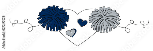 love - Navy blue and silver pom poms, continuous line - sport vector graphics, cheerleaders, football, hockey, baseball - art illustration - multicolor -