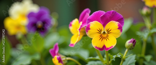 Colorful pansy flowers in bloom showcasing vibrant shades of purple and yellow, conveying a joyful and fresh springtime atmosphere