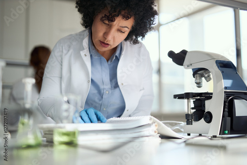 Female chemist doing some research while reading scientific books in laboratory