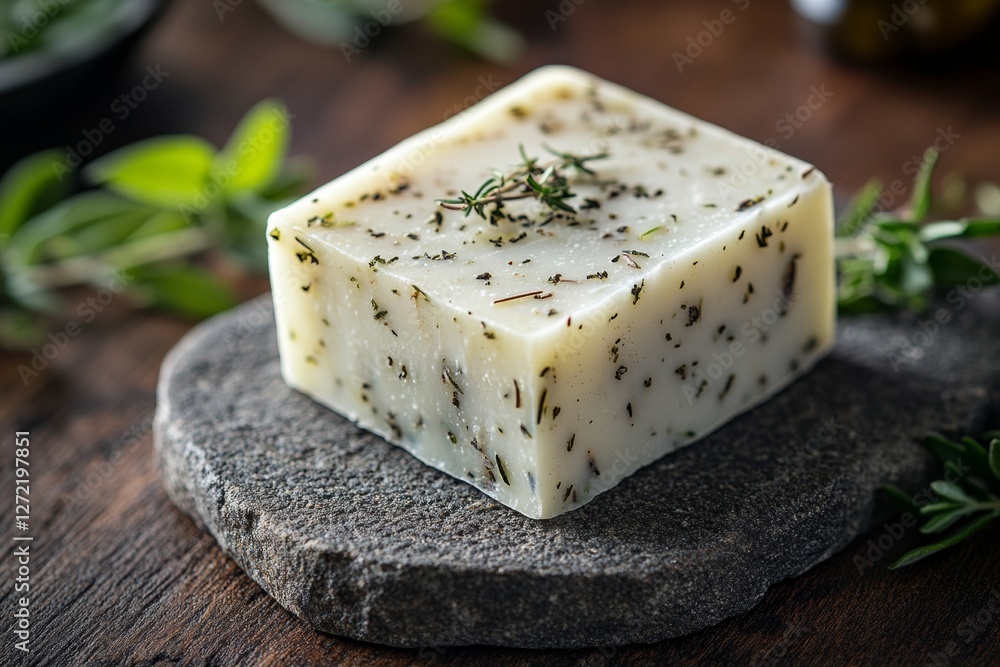 Close-up reveals a handcrafted soap bar with olive oil and herbs resting on a textured stone tray. This minimal aesthetic highlights the natural beauty of eco-friendly products Close-up reveals a handcrafted soap bar with olive oil and herbs resting on a textured stone tray. This minimal aesthetic highlights the natural beauty of eco-friendly products