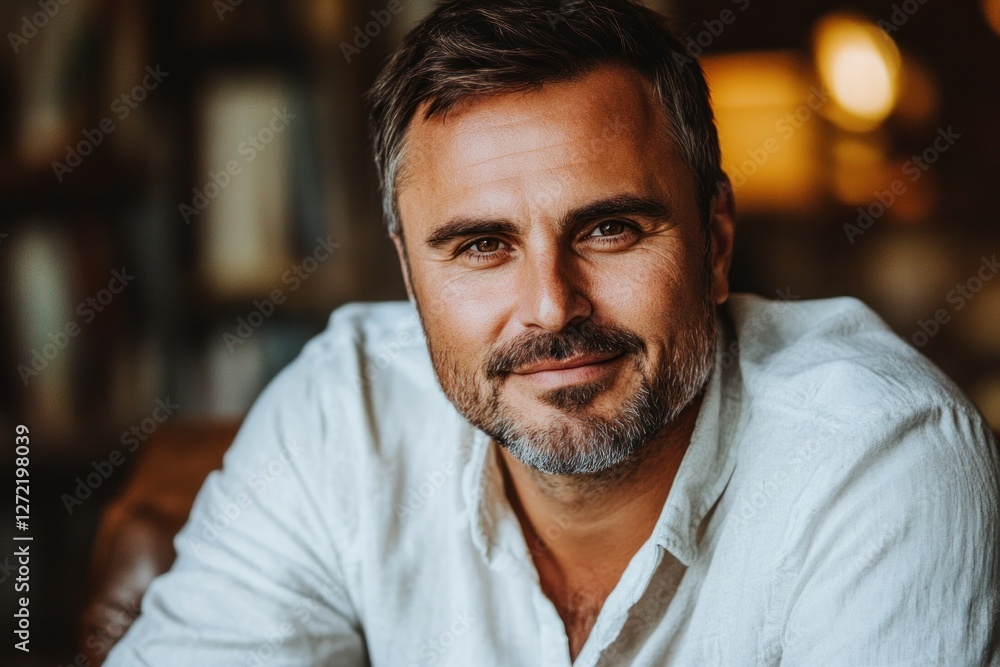 Smiling man with short beard sitting comfortably indoors during evening Smiling man with short beard sitting comfortably indoors during evening