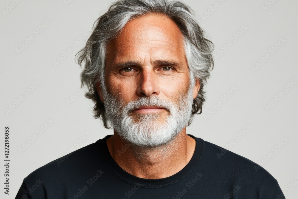 Mature man with silver hair and beard posing confidently against a neutral background Mature man with silver hair and beard posing confidently against a neutral background
