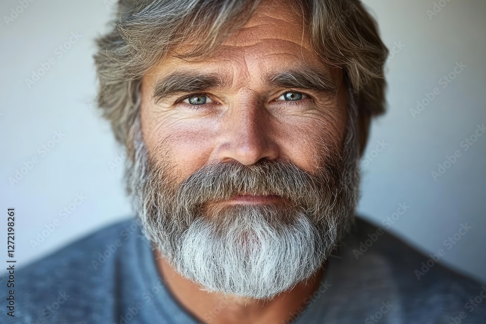 Fototapeta premium Portrait of a mature man with a beard smiling warmly in a soft-lit environment